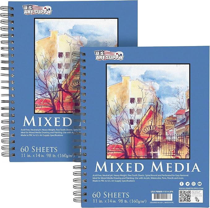 U.S. Art Supply 11"x14" Mixed Media Sketchbook, 2 Pack (60 Sheets) | 98 lb (160 gsm) - Spiral-Bound Pad with Perforated Acid-Free Paper - Artist Sketch Book For Drawing, Painting, Watercolor