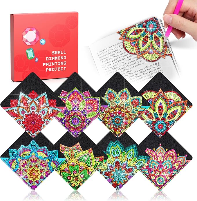 8 PC Diamond Art Corner Bookmarks Kit for Adult Gem Craft Christmas Women | DIY Gem Leather Bookmark Small Paint by Dots Bookmarkers Mandala Flower Black Lotus