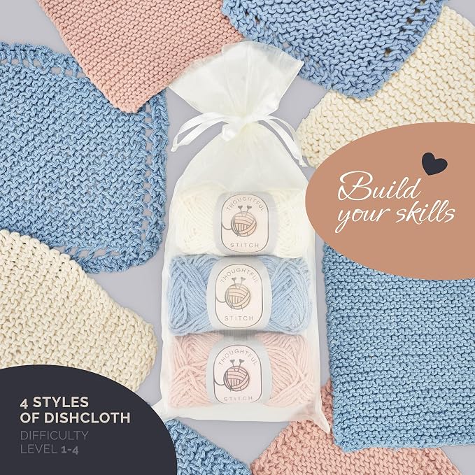 Thoughtful Stitch Knitting Kit for Beginners Adults & Kid Friendly- Complete Knitting Kit - Learn to Knit Yarn Set with Tutorial Book for Adult Hobbies - 100% Cotton Wool & Bamboo Knitting Needle
