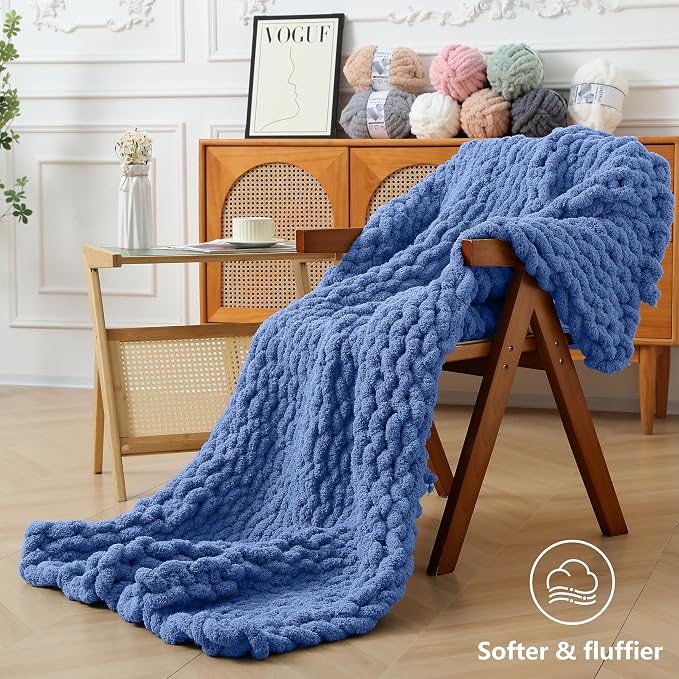 Cozyful Chunky Yarn for Hand Knitting - #10 Chunky Chenille Yarn, Jumbo Big Thick Chunky Yarns for Crocheting, Super Bulky Chunky Knit Blanket Yarns, 8 Skein (22 yds 8 oz Each Skein), Country Blue