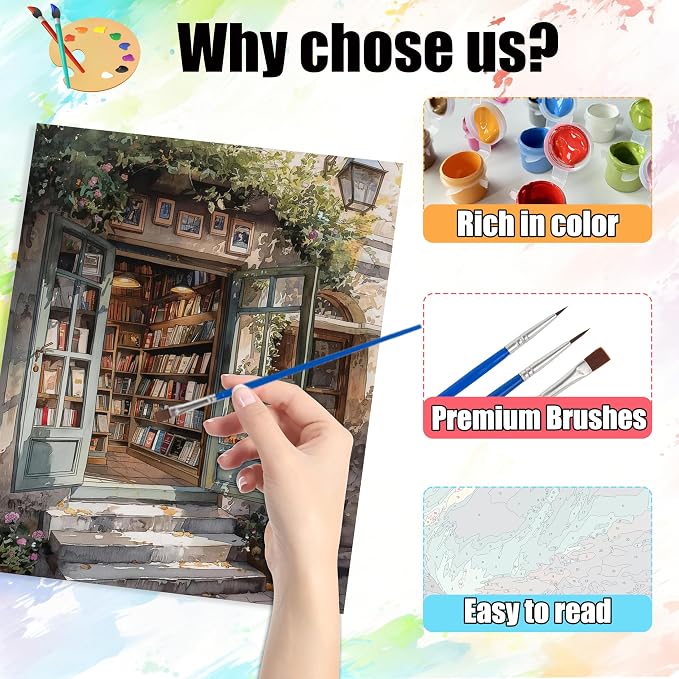 Yunruily 3 Pack Bookshop Adult Paint by Numbers - Paint by Number kit for Adults,Bookshop Paint by Number Adult for Gifts Home Wall Decor 12x16inch