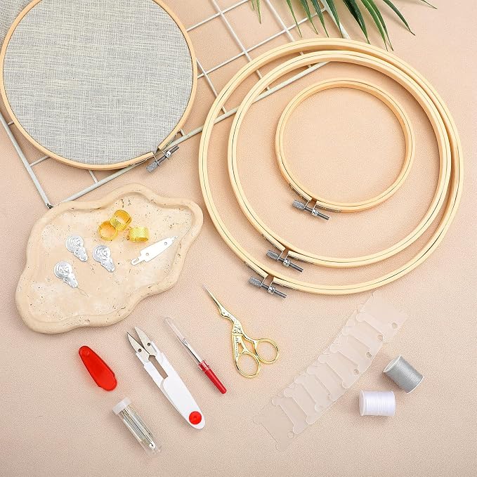 Mudder 53 Pcs Cross Stitch Kit with Embroidery Hoop Bamboo Needles,Red | Bamboo Hoop Rings Scissors Threading Tool Thimbles Bobbins Seam Ripper for Cross Stitch Embroidery Starter Projects