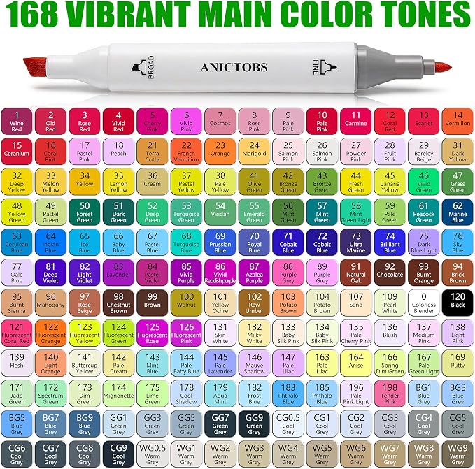 Alcohol Markers 168 Colors with Base Support, Drawing Art Markers Perfect for Students Kids and Adults Comics Sketching Illustration Artistic Creation Gift