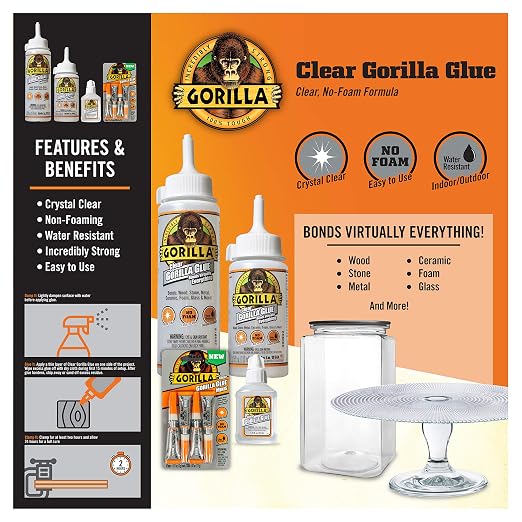 Gorilla Clear Glue, 1.75 Ounce Bottle (Pack of 5) - Crystal Clear, All Purpose, and Water Resistant