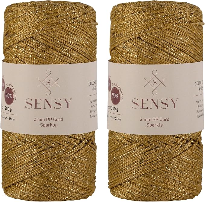 2 Pack of Sensy Premium 2mm 251 Yards Sparkle Polyester Rope 90% Polypropylene 10% Polyester Cord Macrame Cord 2mm Crochet Bag Cord Macrame Rope Crochet Thread Gift for Knitter (Mustard Sparkle)