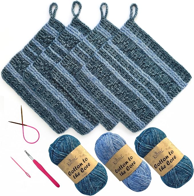 KnitPal Dishcloth Knitting Kit for Beginners (Jean Blue + Sky Blue)