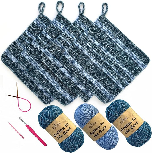 KnitPal Dishcloth Knitting Kit for Beginners (Jean Blue + Sky Blue)