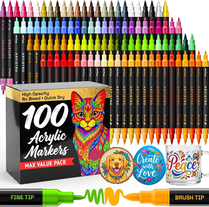 ARTISTRO 100 Acrylic Dual-Tip Glass Marker Pens for Wine Glasses | Brush + Fine Tips Vibrant Dual Tip Paint Pens for Party Charms, DIY, Craft - Art and Craft Supplies for Adults, Teens, Kids