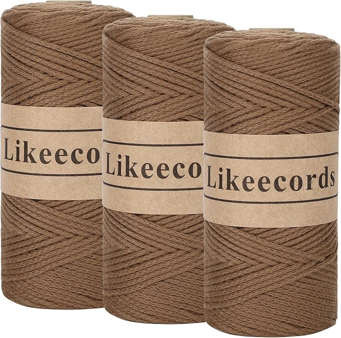 Likeecords 100% Cotton Crochet Yarn for Bag,3 Rolls/Pack 2mm x 510m,Macrame Cord,Chunky Yarn for Crocheting Handbag, Purse,Blankets Crafts Projects (Brown)