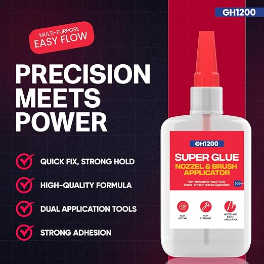 GH1200 2 PCs (2-in-1) Super Glue with Brush Applicator & Nozzle, Mess Free Superglue Brush, Instant Never Dries, 3000 CPS Ca Glue, No Stain Clear Glue, Super Glue for Plastic, Rubber & More