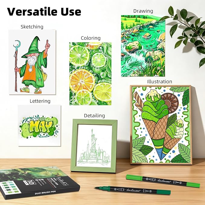 LIULIUCAI 10 Green Dual Markers, Fine & Brush Tip Pen for Adult Coloring