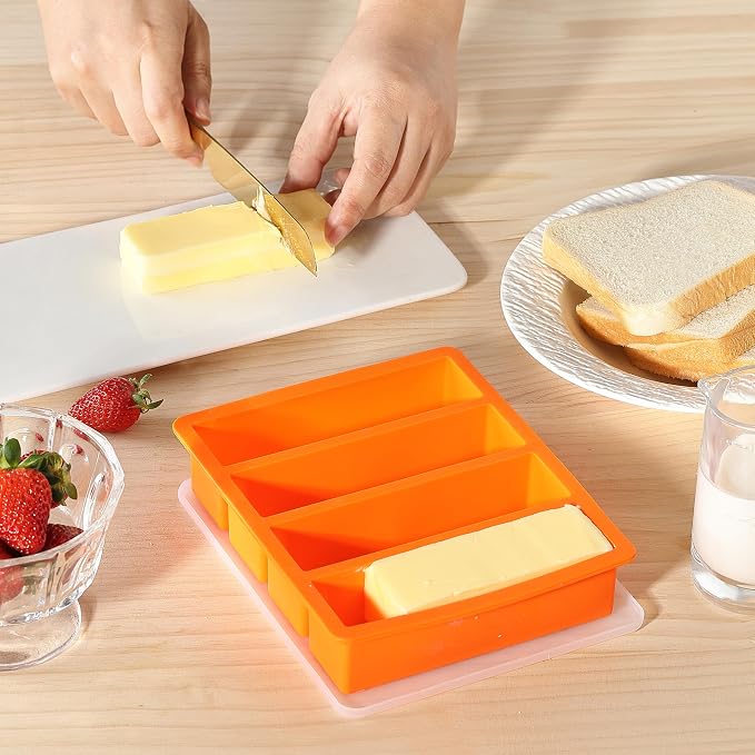 OHOLA Silicone Butter Mold Tray with Lids, Non-Stick for Chocolate, Energy Bars and Cake (1Pack, Stylish Orange Color)