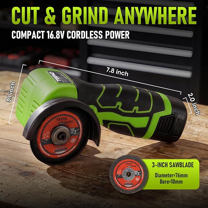 TEENO Cordless Angle Grinder 3 Inch, 19,500 RPM Mini Electric Angle Grinding Tool with 2 pcs 2000mAh Batteries and 6 Cutting Discs, 16.8V Handheld Grinder for Metal/Wood Cutting and Grinding