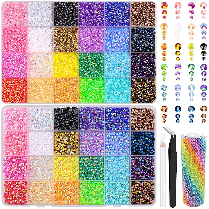2 Boxes Jelly Rhinestones for Bedazzling, 40000Pcs 3/4/5mm Multicolor Flatback Resin Gems for Crafting, Bedazzler Kit with Tweezer for DIY Crafts Tumblers Shoes Fabric Decor Nail Art