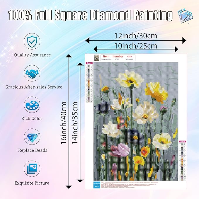 Ausanrl Flowers Square Diamond Painting Kits - Square Drill Diamond Paintings Flowers,Square Diamond Art,DIY Flower Gem Painting for Adults and Crafts for Gifts and Home Wall Decor 12x16inch