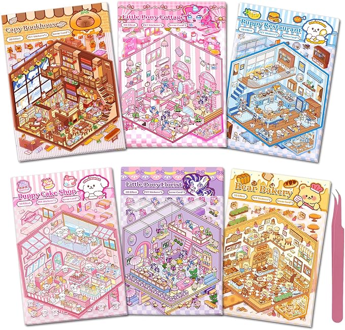 DIY 3D Sticker Scene 6 Sets of Stickers for Girls Make Your Own Mini Room Scene Stickers for Kids Cute Kawaii Sticker Therapy for Adult Relief Stress Pass The Time