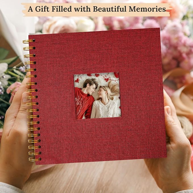 8"x8" Scrapbook Photo Album Linen Cover 20 Sheets 40 Pages White Paper | Red Hardcover Kraft White Pages Memory Book, for Travel Wedding Guest Book Christmas Baby Shower Fits 4x6 & Instant Photos