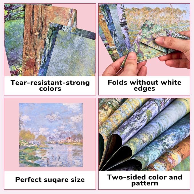 JoyCat Monet Patterned Origami Paper, 50 Double-Sided Sheets, 6x6 Inch | 20 Monet-inspired watercolor designs add soft Impressionist color to origami, scrapbooking, card making and paper crafts.