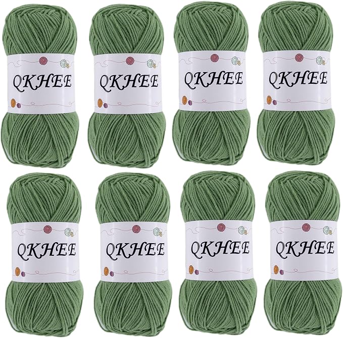 QKHEEYarn for Crocheting and Knitting 8 * 1.76 Oz (50G) /195yd,Fine/Fingering Weight (1), 60% Cotton 40% Acrylic Soft Yarn kit for Making Granny Squares and amigurumi (Grass Green)