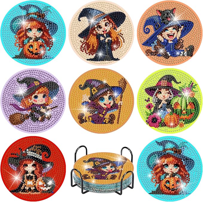 askkqtx 8 Pcs Halloween Diamond Art Coasters Kits with Holder 4X4 Inch