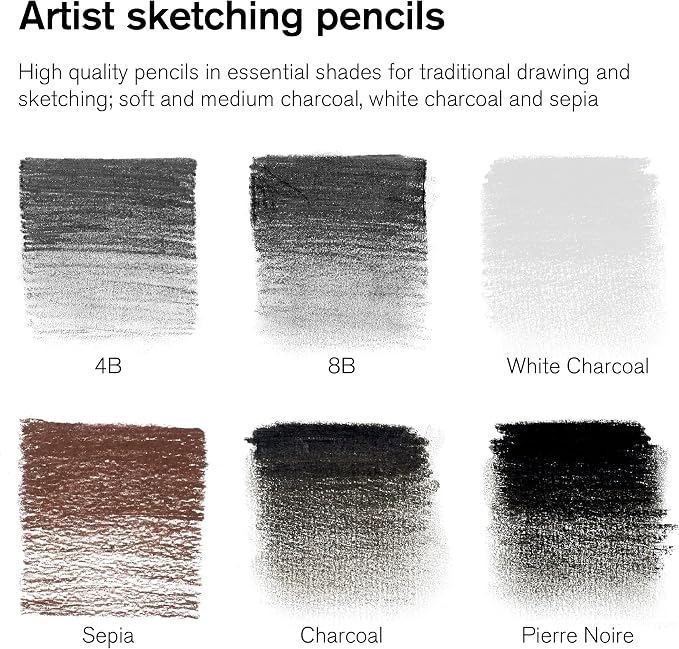 Winsor & Newton Studio Collection, Sketching Pencils, Set of 6 | Soft, Thick Core pencils, Varied Hardness, Soft Smooth Texture, Easy Blending, Stylish Metal Tin Included, High Quality Lead