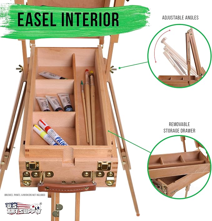U.S. Art Supply Small Wooden French Style Field & Studio Sketchbox Easel | Art Easel for Adults, Drawer, Palette - Adjustable Wood Tripod Stand, Portable Artist Table For Painting, Sketching
