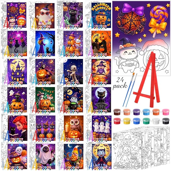 Blosssound 24 Pack Cute Halloween Pre Drawn Canvas to Paint Pre Printed Canvas Painting Kits with Easel Paint Pots Brushes Stretched Panels Bulk for Adult Party Student Beginner Birthday DIY