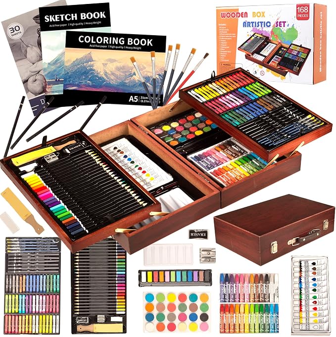 KINSPORY 168-Pack Art Supplies, Deluxe Wooden Art Set Crafts Drawing Painting Coloring Kit, 3 Pack Coloring Pads, Creative Gift Box for Artist Beginners Kids Girls Boys
