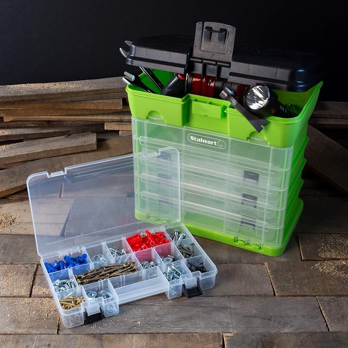 Portable Tool Box - Small Parts Organizer with Drawers and Customizable Compartments for Hardware, Fishing Tackle, Beads or Crafts by Stalwart (Green)