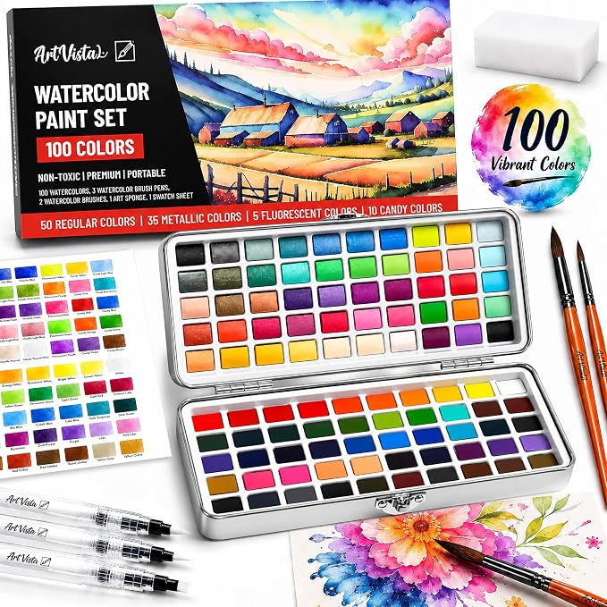 Watercolor Paint Set 100 Vibrant Colors for Adult Beginner Professional | With Metallic Colors. Travel Size Water Color Art Kit Palette for Adults & Beginners. Portable Watercolors, Artist Gifts Idea