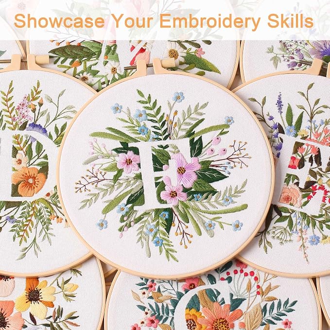 Harimau Letter F Pattern Embroidery Kit for Adult Beginners, Complete Starter Pack with 1 Hoop, Needles, Instruction Guide & Embroidery Stitch Video Tutorials