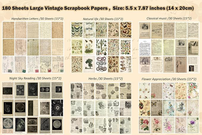 180 Sheets Scrapbook Paper, Large Vintage Junk Journal Decoupage Scrapbooking Bullet Journaling Supplies, Room Wall Decor Posters Ephemera Card Making Collage Crafts Paper Packs(5.5*7.87 Inch)