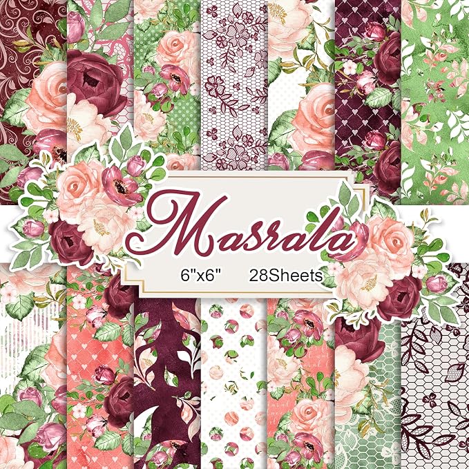 28 Sheets Scrapbook Paper, Floral Scrapbooking Specialty Papers 160gsm Cardmaking Craft Paper Pack Decorative Paper for Card Making (6"X6" Inch, Masrala)