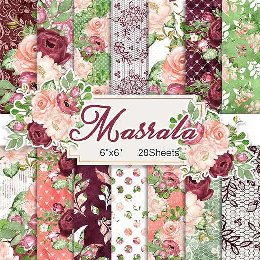 28 Sheets Scrapbook Paper, Floral Scrapbooking Specialty Papers 160gsm Cardmaking Craft Paper Pack Decorative Paper for Card Making (6"X6" Inch, Masrala)