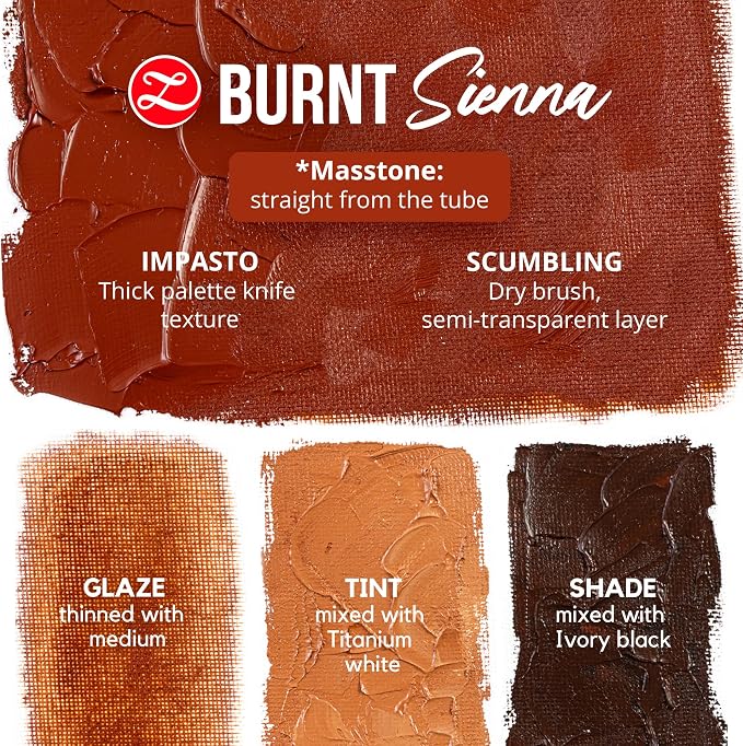 ZenART Professional Oil Paint Set - Artist Grade Burnt Sienna - 2x50ml | Non-Toxic, Buttery Consistency, Rich Pigment, Lightfast Oil Paints for Primed Surface Canvas, Fine Art, Portraits & Landscape