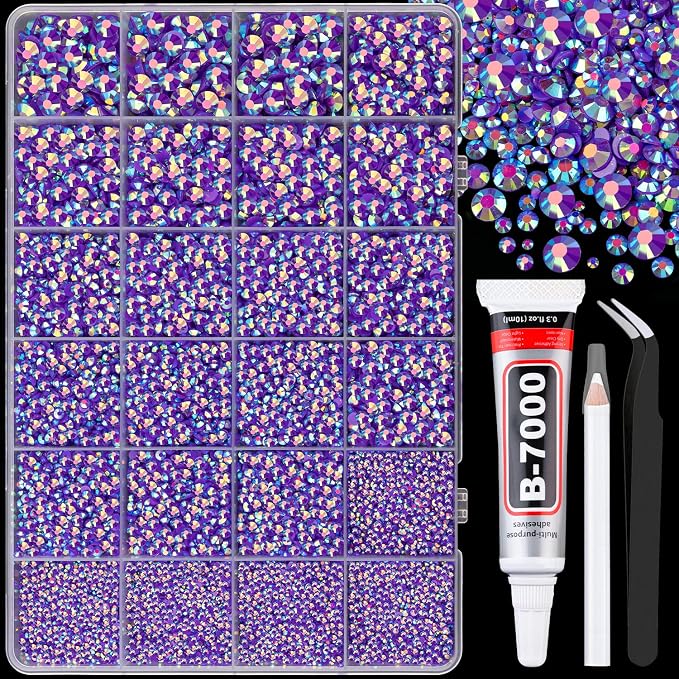 25000Pcs Resin Rhinestones for Crafting, Dark Purple AB 2-6mm Mixed Sizes Non Hotfix Flatback Gems with 1Pcs Glue, Bedazzling Crystal for DIY Craft Clothing Mugs Tumblers Shoes Fabric Decor Nail Art