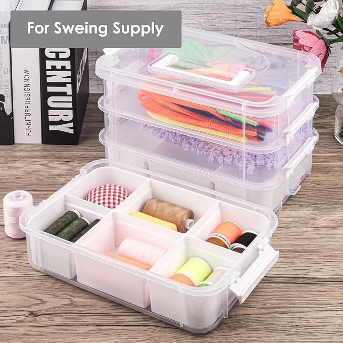 CraftGenes Craft Organizer, 4 Tier Storage Box with Removable Trays, White | 4 Storage Tiers; 2 Removable Trays; Side Latches; Stackable Design; For Beads, Thread, Tools, Crafts and Accessories