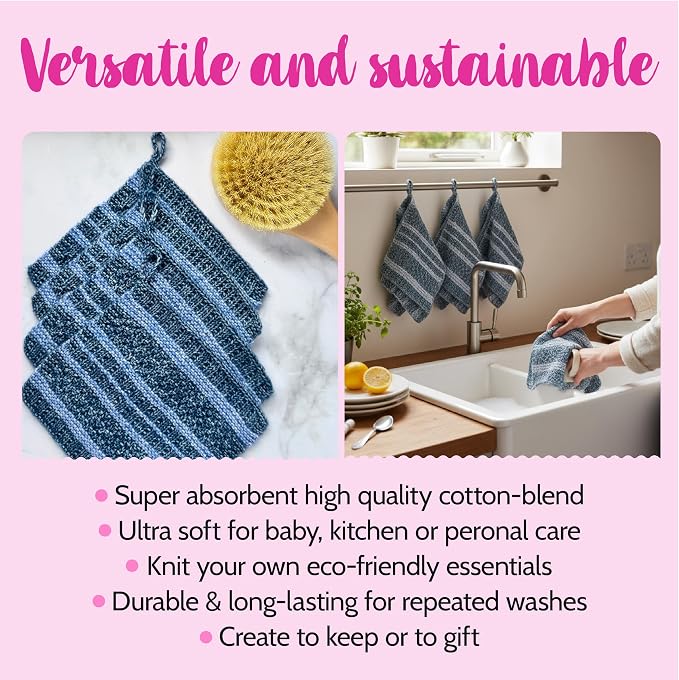 KnitPal Dishcloth Knitting Kit for Beginners (Jean Blue + Sky Blue)