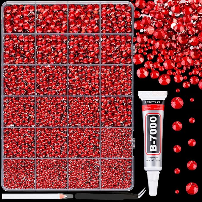 25000Pcs Resin Rhinestones for Crafting, Red 2-6mm Mixed Sizes Non Hotfix Flatback Gems with 1Pcs Glue, Bedazzling Crystal for DIY Craft Clothing Mugs Tumblers Shoes Fabric Decor Nail Art