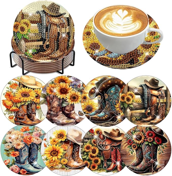8 Pcs Diamond Art Coasters Kits, Cowboy Boots Diamond Painting Coasters Kit