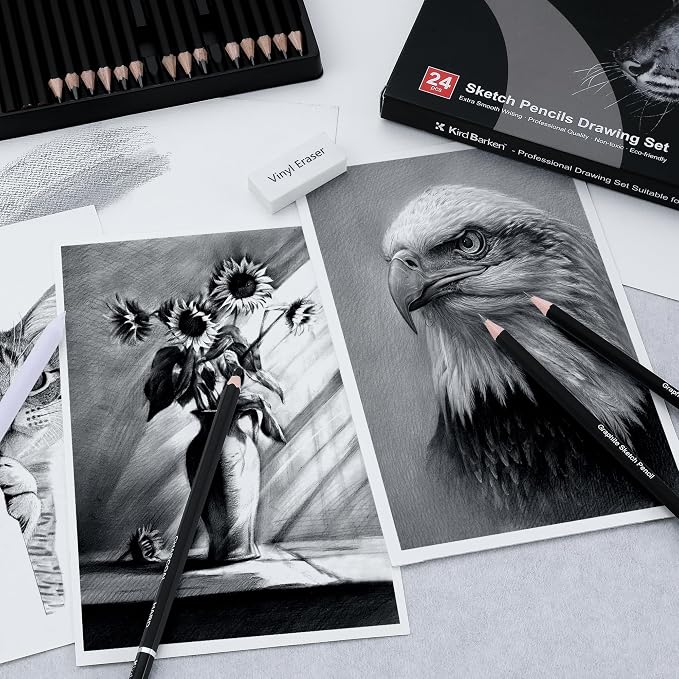 24PCS Professional Sketch Pencil Set – 5H to 14B Pencils, Charcoal Pencils, Art Supplies Kit with Erasers, Sharpener, Knife – Ideal Gift for Artists, Students, Kids, Beginners