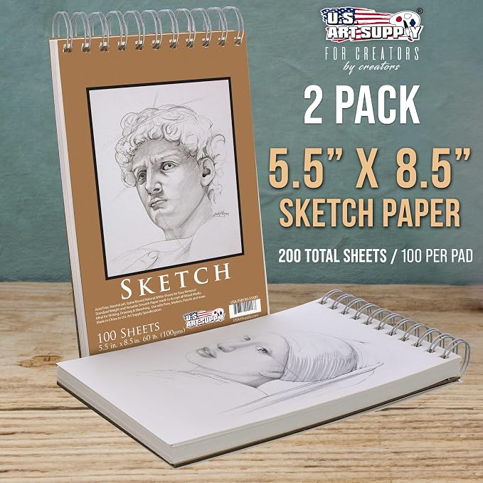 U.S. Art Supply 5.5"x8.5" Top Spiral Bound Sketch Book,100 Sheets 2-Pack | 60lb (100gsm), Acid-Free, Artist Sketchbook, Drawing Pad for Adults & Students