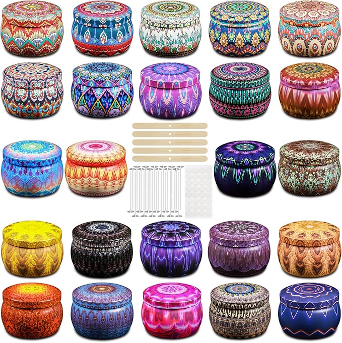Domivirgo 24 Empty Candle Tins 4.5 oz with Lids - Simple Candle-Making Kit, Includes Wicks, Holders & Stickers, Multi-Purpose Storage Containers for Crafts & Small Items