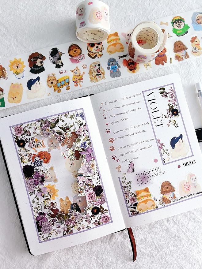 WT Pre-Cut Violet Veil Wide Washi Tape, Single Roll, Soft Lilac Florals & Misty Backgrounds with Script, Decorative Japanese Paper for Journaling, Scrapbooking, Planner, DIY Crafts, 65mm x 5m