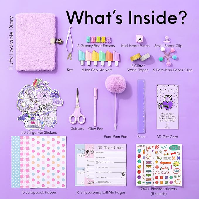 HAPPY LOLLI Purple LolliME DIY Journal Kit for Tween & Teen Girls Ages 8–14, Birthday Gift, 300+ Pieces Lockable Diary Set, Arts & Crafts, Scrapbook & Creative Journaling