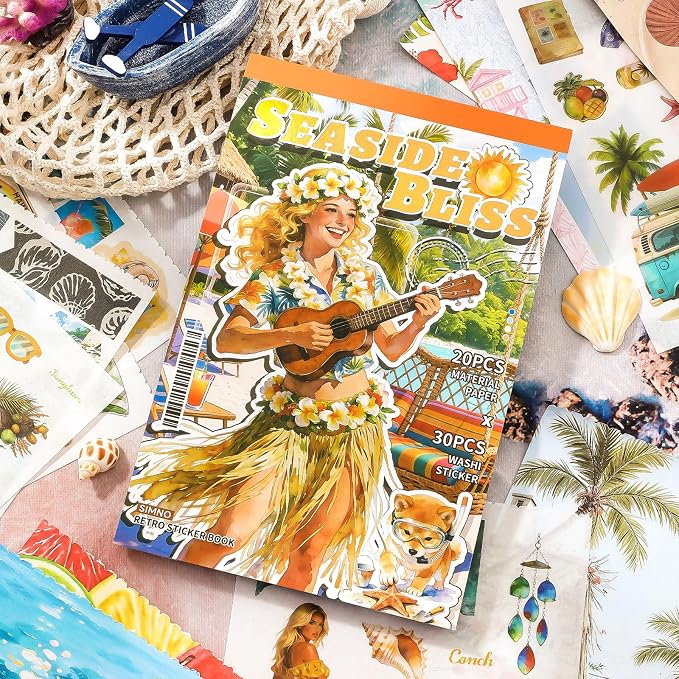 PRSTINCOL Summer Beach Stickers Book,50 Sheets Vintage Ocean Sticker Book for Journaling Scrapbooking,8.3x5.5 Inch Aesthetic Surf Stickers for Adults Crafts