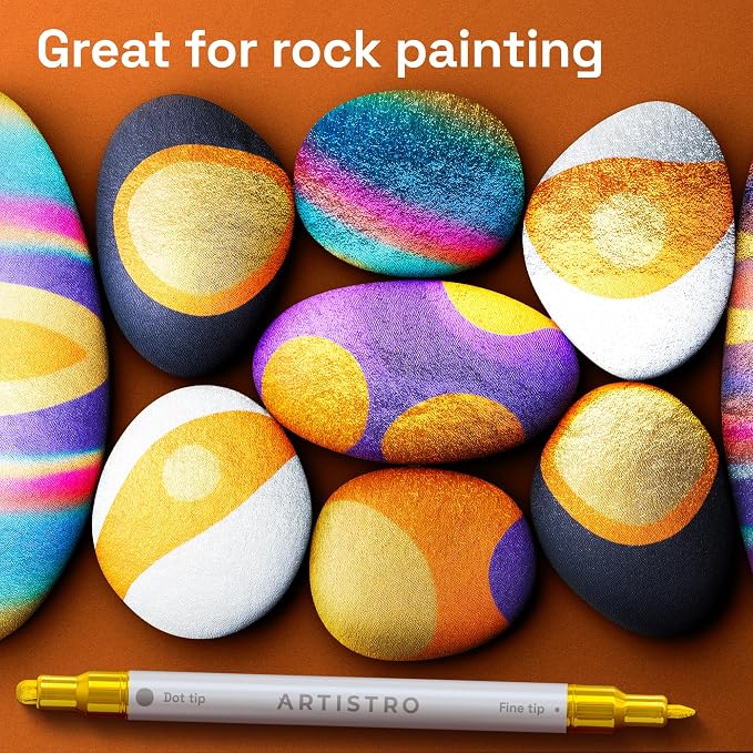 ARTISTRO Gold Dual-Tip Acrylic Paint Marker Pens - Set of 5 | For Fabric, Rock, Glass, Wood, & Coloring Books, Arts & Crafts Gift, Classroom Must Haves & School Supplies (Dot & Fine Tips)