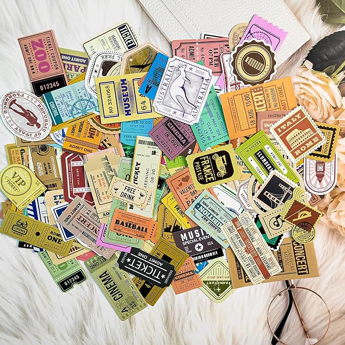 Prstincol 300 Pcs Vintage Travel Stickers Ticket Stickers for Journaling,Luggage Sticker Stub Vintage Sticker for Junk Journal Crafts Laptop Water Bottle Album Scrapbook
