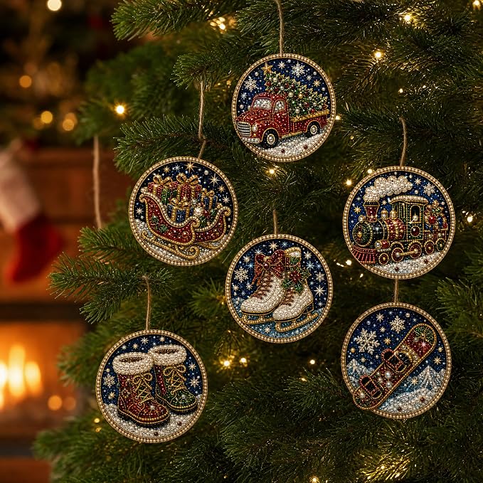 6PCS Christmas Wooden Ornaments DIY Pearl Diamond Painting Kit 06