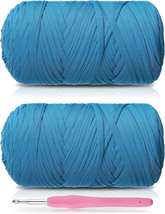 2 Pack T-Shirt Yarn - Together 800g/236 Yards Elastic Fabric Crochet Cloth T-Shirt Yarn, Thick Hand Knitting Yarns for Crocheting Bags/Rugs/Baskets/Craft Project (Modern, Lake Blue)